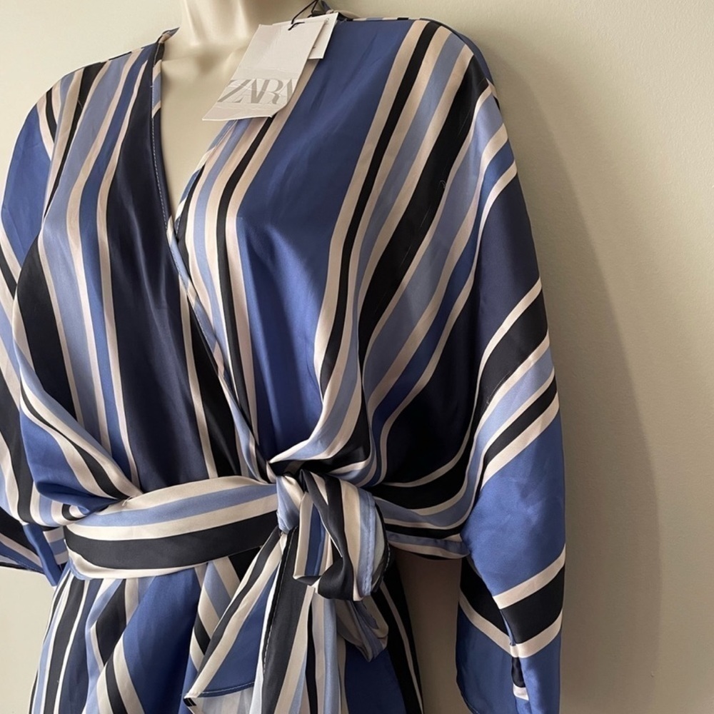 Zara Blue White Striped Wrap Lined Romper Size Small - Picture 7 of 16